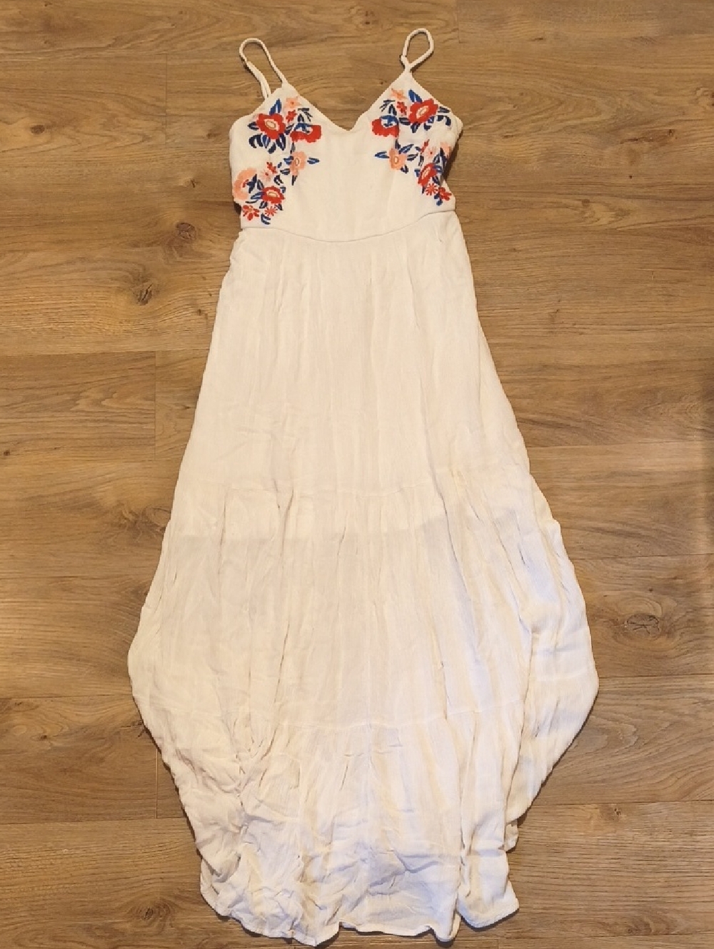 White Maxi Dress with Red & Blue Floral Embroidery